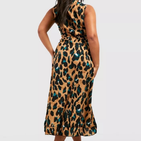 PLUS WRAP LEOPARD RUFFLE MIDI DRESS - Picture 1 of 2